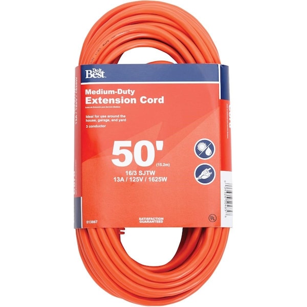 All-Source SJTW Extension Cord, 16 AWG, Outdoor, 16/3, 1 Outlets, Orange, 50 ft OU-JTW16350-OR - main